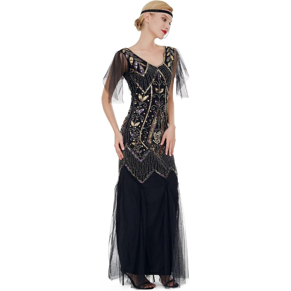 1920s Art Deco Sequin Maxi Dress Vintage Flapper Formal Dress Black Gold Medium